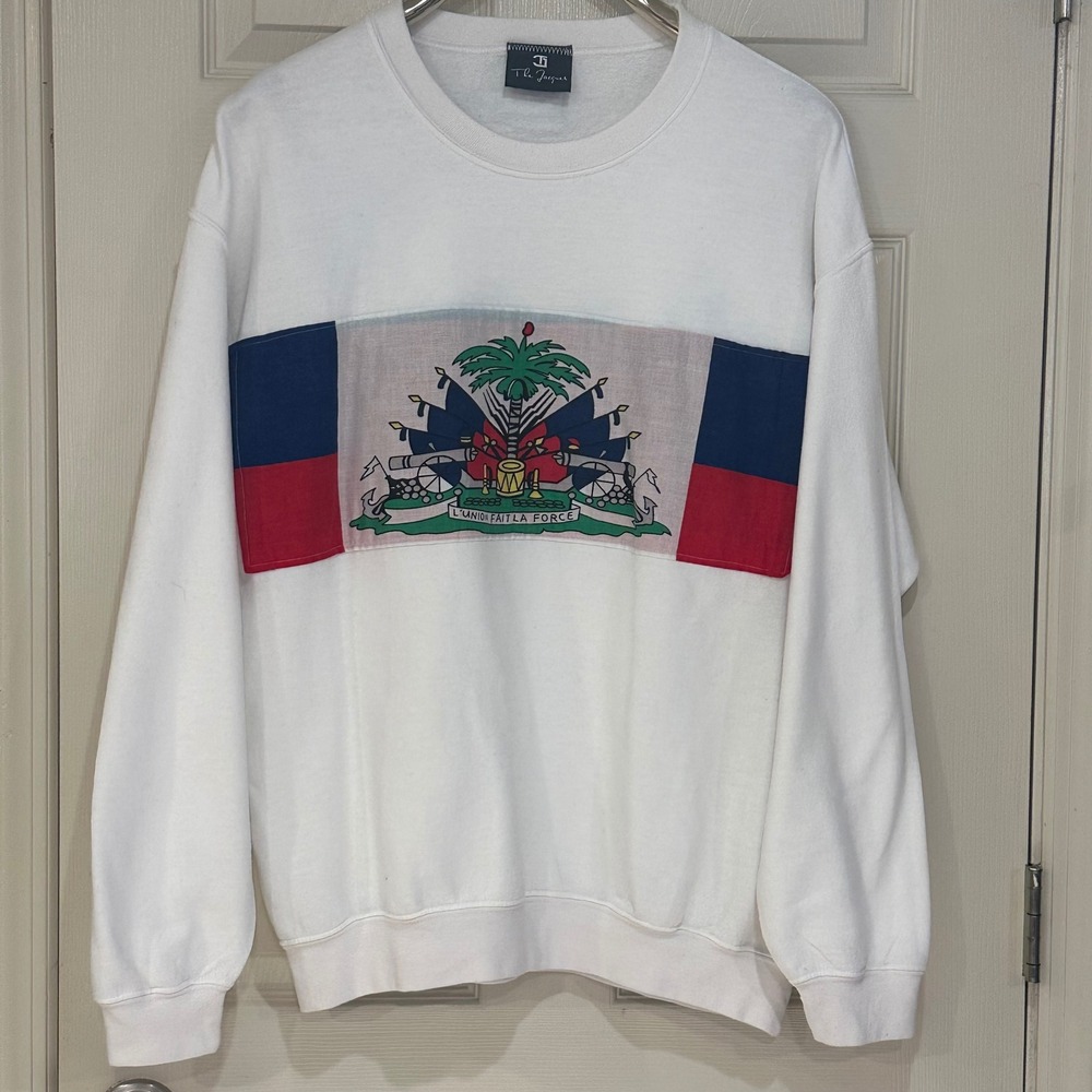 Vintage The Jacques Haiti Flag Sweatshirt Mens White Cotton size L/XL - Picture 1 of 9